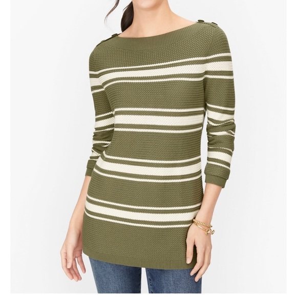 Talbots BASKET WEAVE SWEATER STRIPE Women’s SZ Medium Olive & White Knit Fall - Picture 2 of 9